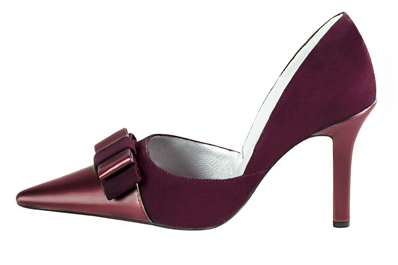 Burgundy red women's open arch dress pumps. Pointed toe. Very high slim heel. Profile view - Florence KOOIJMAN